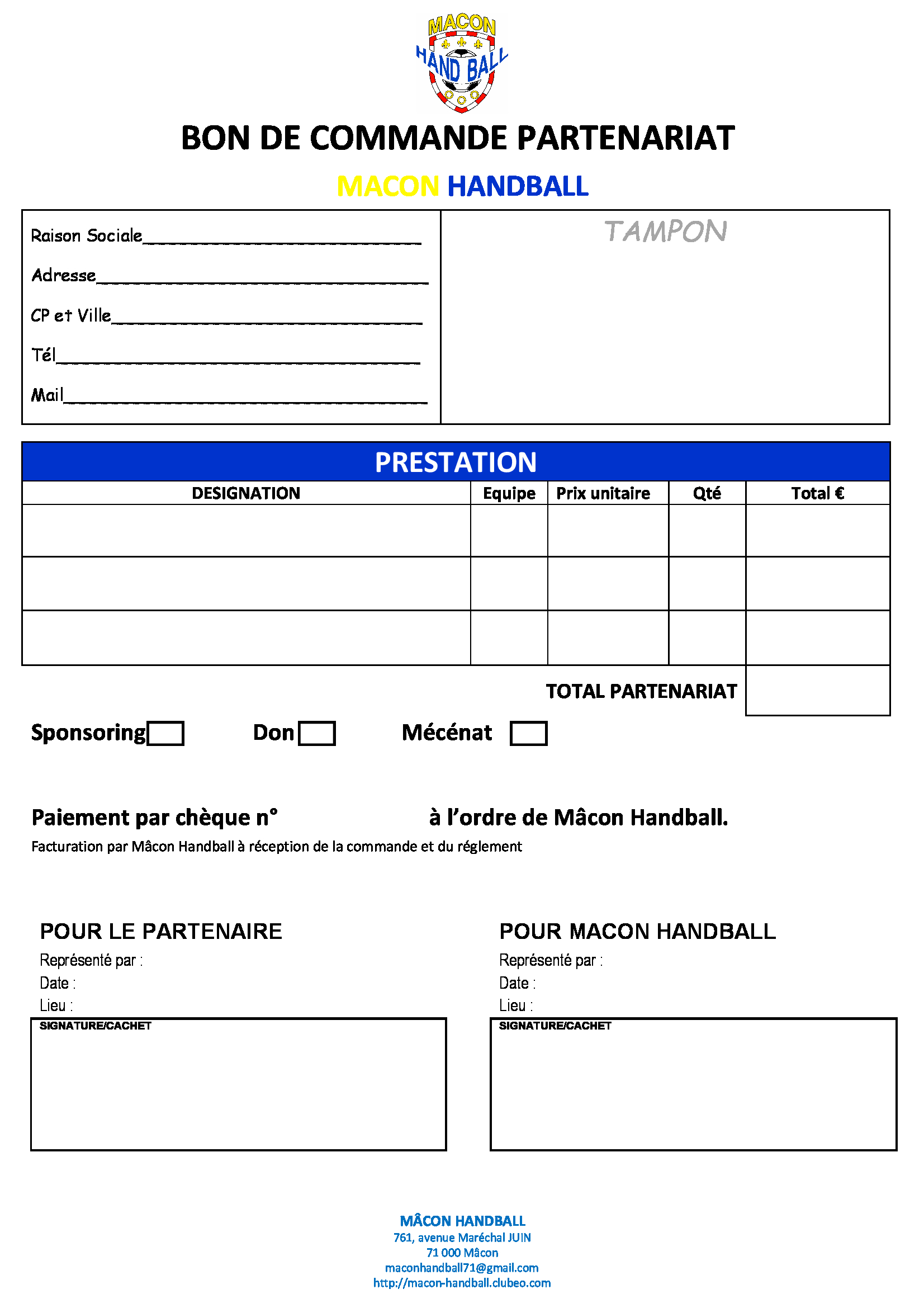 Bon De Commande Partenariat - Club Handball MÂCON HANDBALL - Clubeo